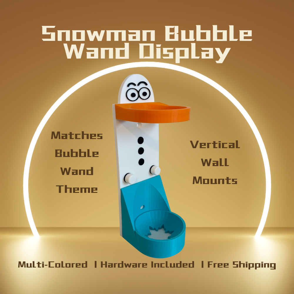 Snowman Vertical Wall Mount Display for Theme Park Bubble Wands | 3D Printed Multi-Color Holders + Hardware Included