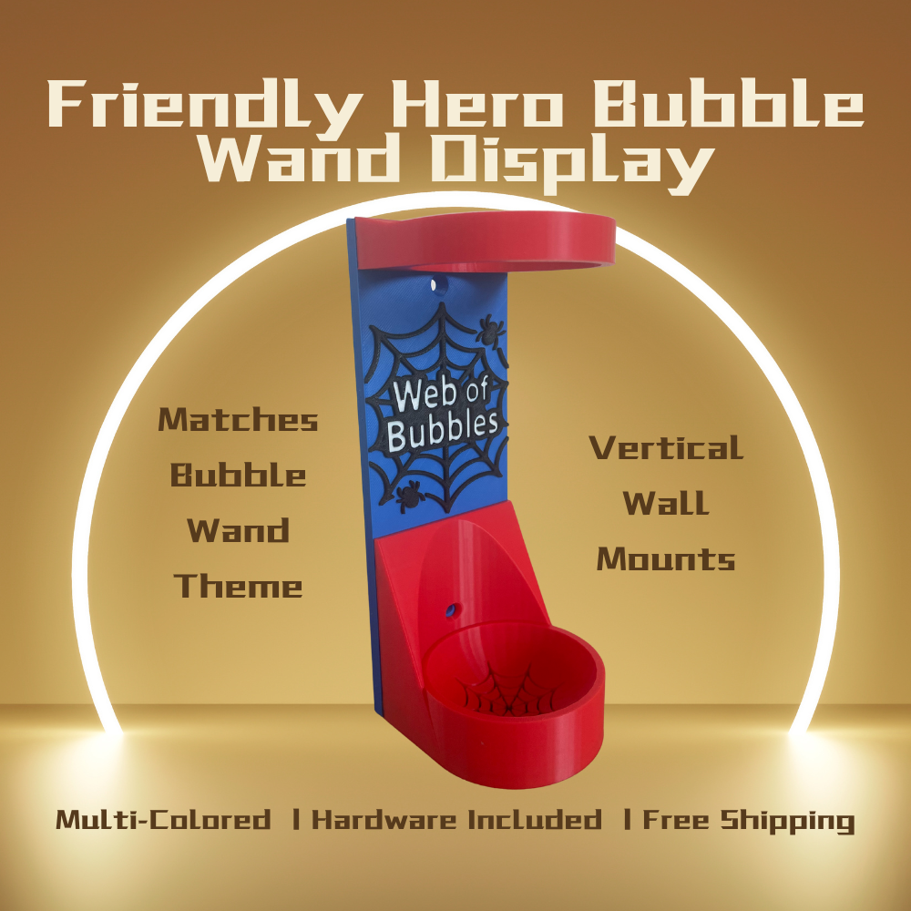 Friendly Hero Vertical Wall Mount Display for Theme Park Bubble Wands | 3D Printed Multi-Color Holders + Hardware Included