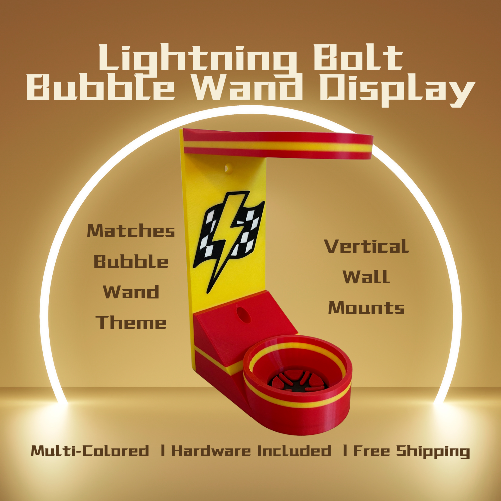 Lightning Bolt Vertical Wall Mount Display for Theme Park Bubble Wands | 3D Printed Multi-Color Holders + Hardware Included