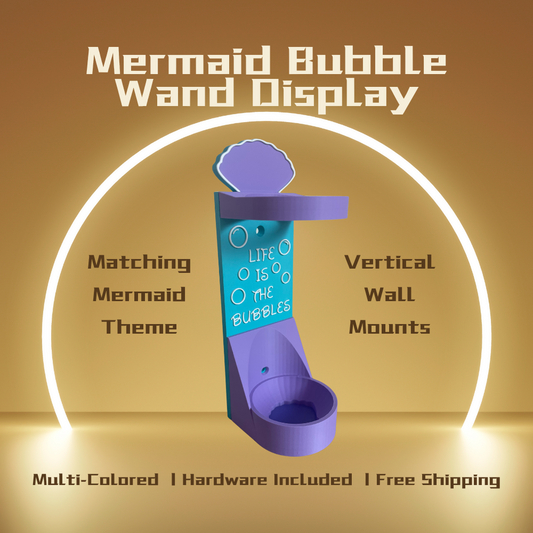 Mermaid Vertical Wall Mount Display for Theme Park Bubble Wands | 3D Printed Multi-Color Holders + Hardware Included