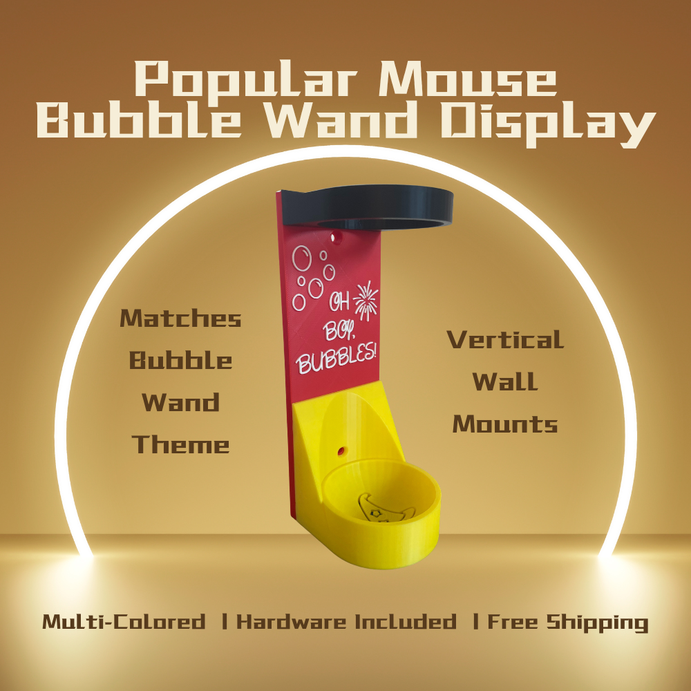 Popular Mouse Vertical Wall Mount Display for Theme Park Bubble Wands | 3D Printed Multi-Color Holders + Hardware Included